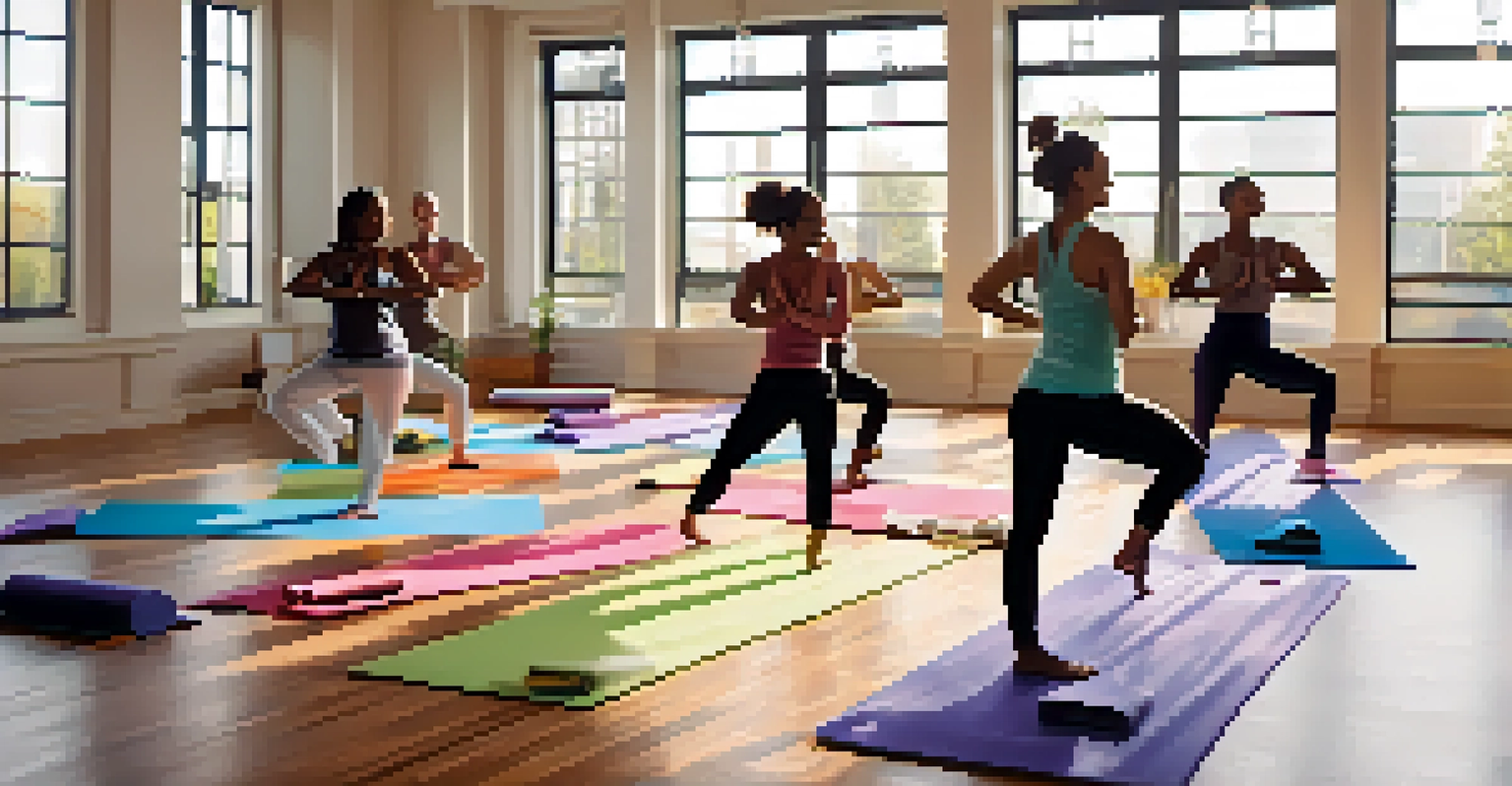 A diverse group of athletes participating in a synchronized yoga class in a bright and inviting studio.