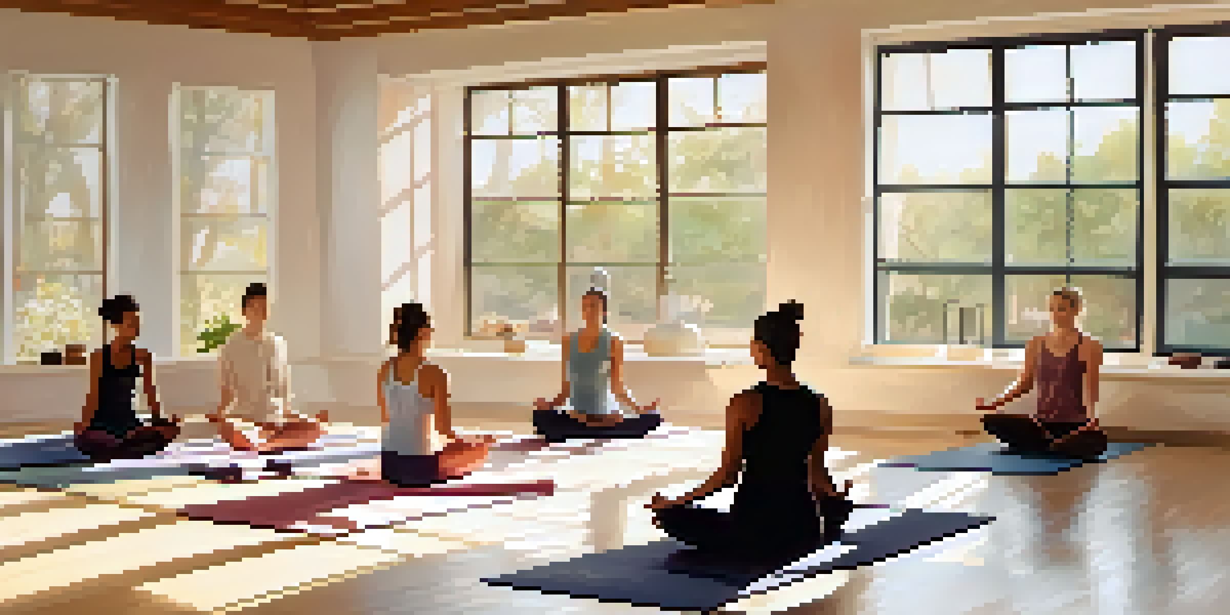 A diverse group of individuals practicing gentle yoga in a sunlit studio, showcasing various ages and soft movements on colorful mats.