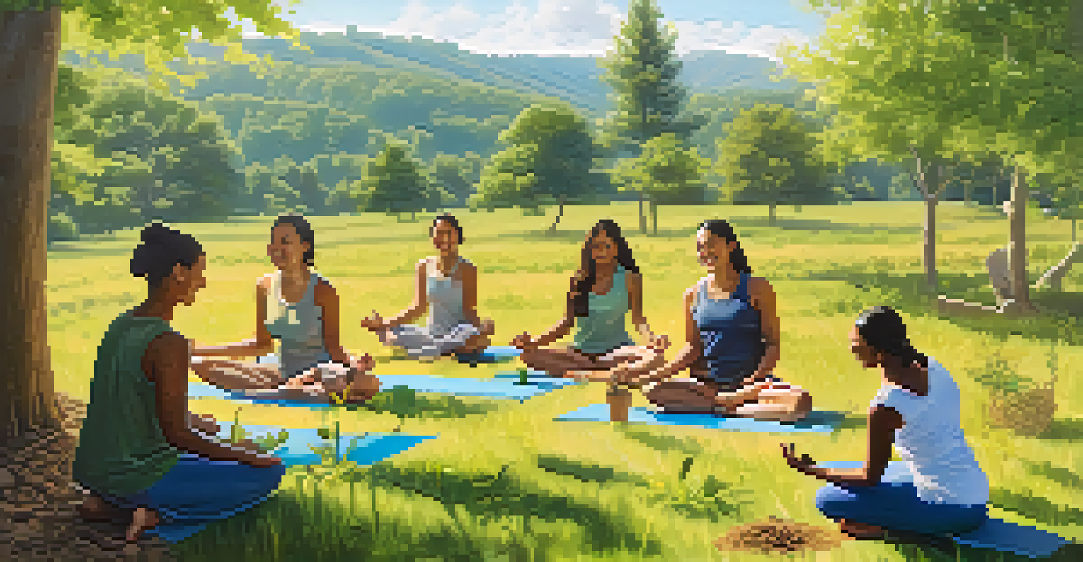 Participants at a yoga retreat planting trees together in a sunny outdoor environment.