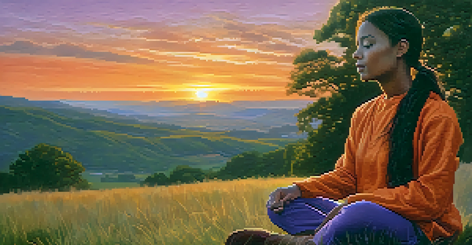 A person practicing the 4-7-8 breathing technique outdoors at sunset, with a warm glow and colorful sky.