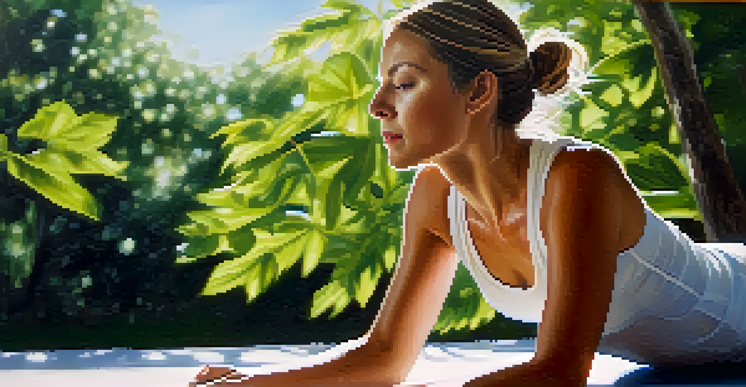 A close-up of a person practicing controlled breathing in a yoga pose in a tranquil outdoor setting, with sunlight filtering through the leaves.