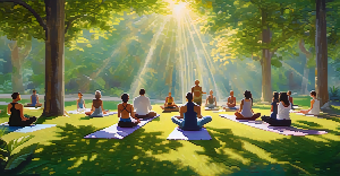 A diverse group of individuals practicing yoga together in a peaceful outdoor environment, surrounded by trees and nature.