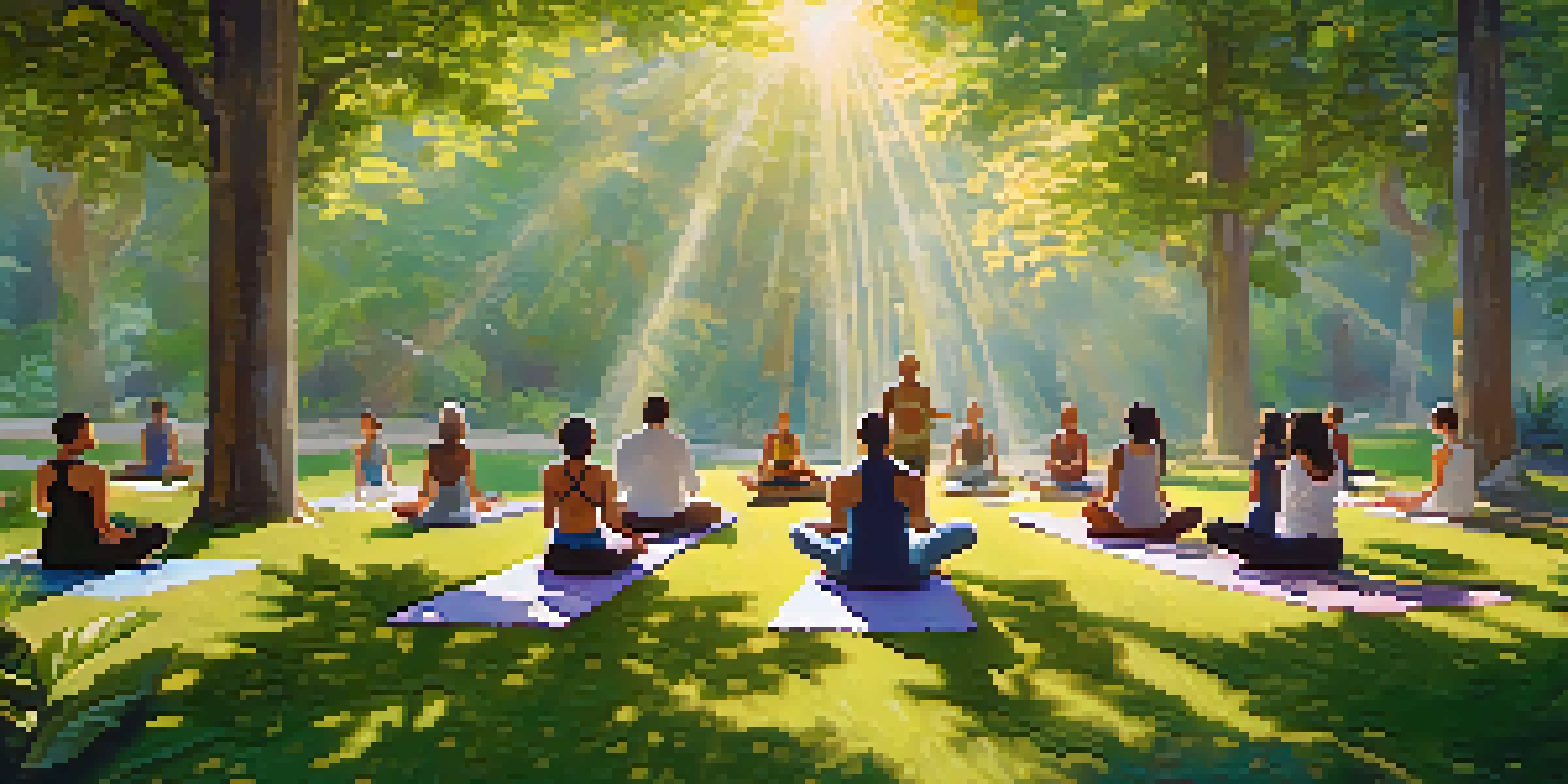 A diverse group of individuals practicing yoga together in a peaceful outdoor environment, surrounded by trees and nature.