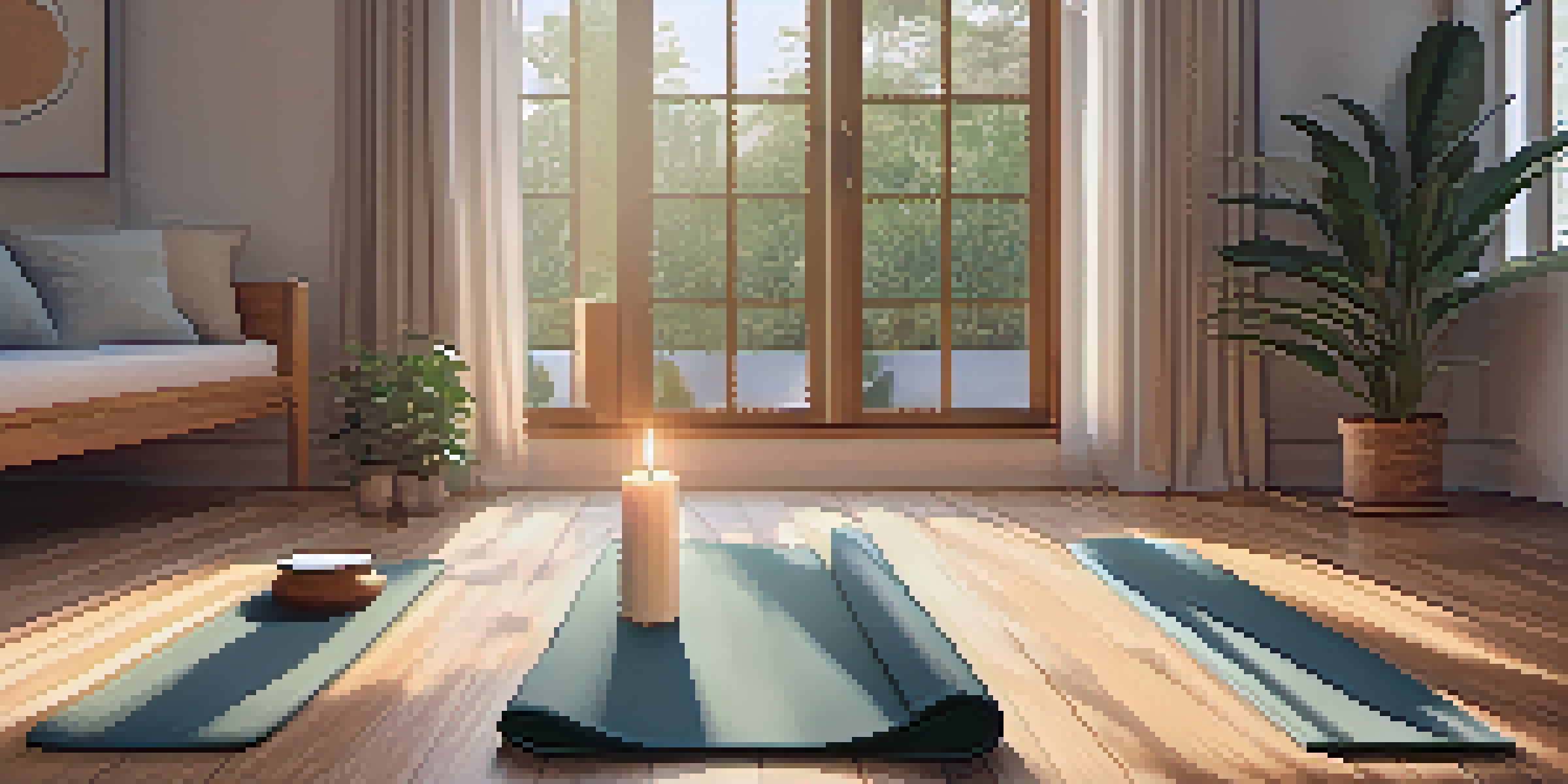 A tranquil yoga space with a mat, plants, and candles, illuminated by soft lighting.