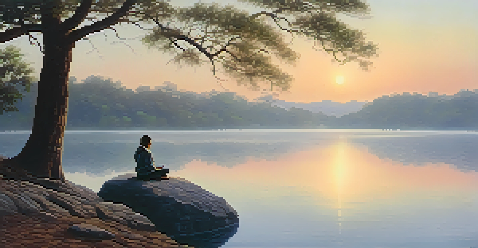 A person practicing alternate nostril breathing on a rocky ledge at sunrise, with a tranquil lake and mist in the background, evoking calmness and balance.