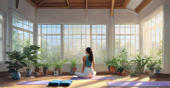A peaceful yoga studio with a person practicing Child's Pose on a yoga mat, surrounded by plants and soft pastel colors.