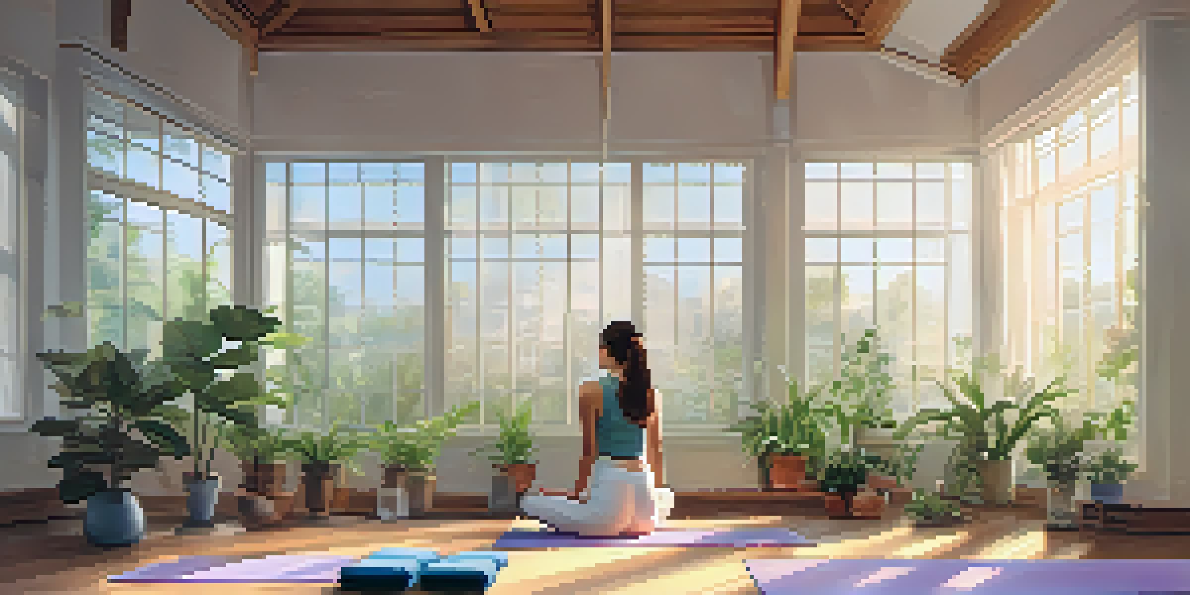 A peaceful yoga studio with a person practicing Child's Pose on a yoga mat, surrounded by plants and soft pastel colors.