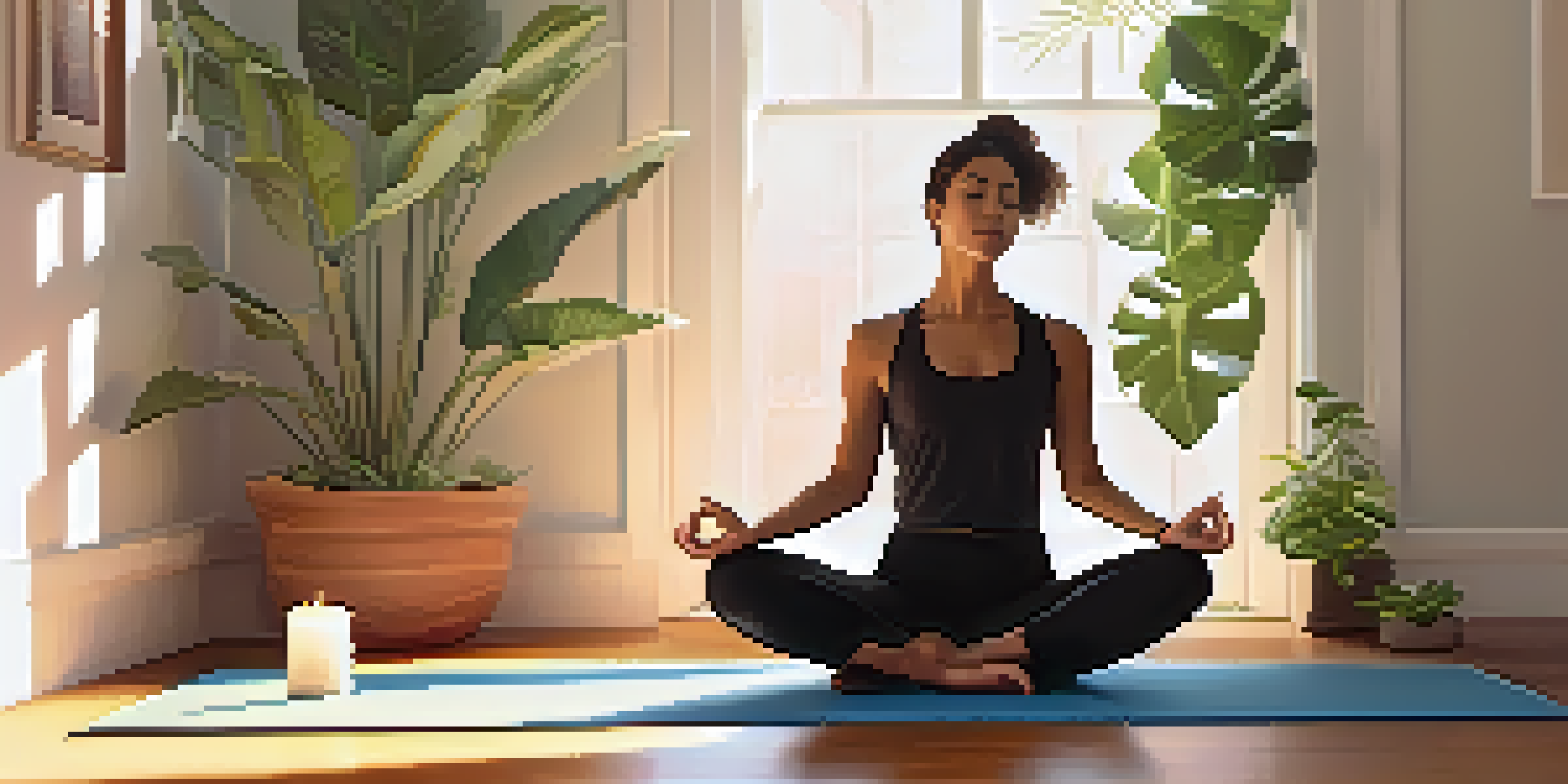 A tranquil yoga studio with a person in a meditative yoga pose, surrounded by plants and soft candlelight.