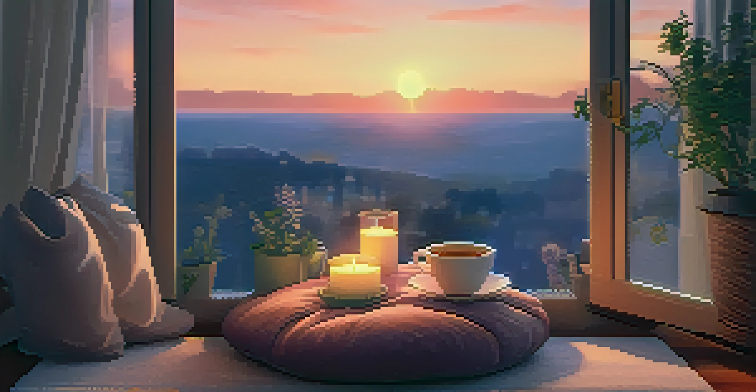 A cozy meditation corner with a cushion, candles, and a sunset view through a window.