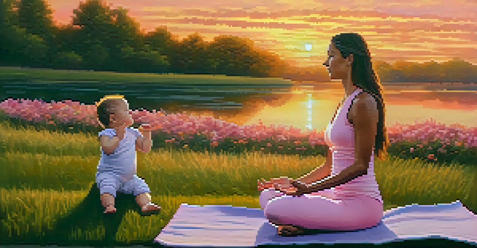A new mother practicing Warrior II pose in a grassy field during sunset, with a stroller nearby.