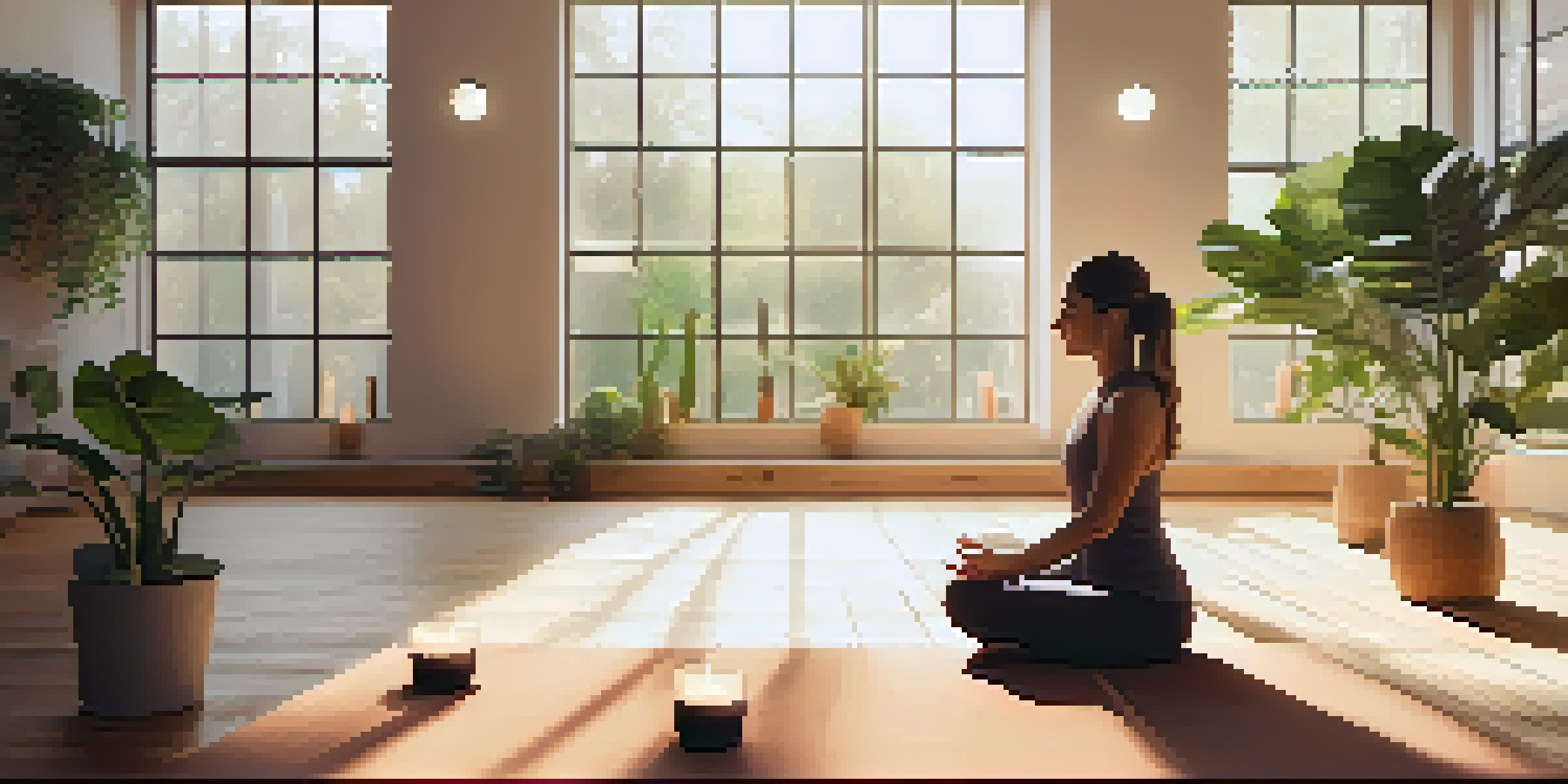 A tranquil yoga studio featuring a person in a meditative pose surrounded by plants and candles, with natural light streaming in.
