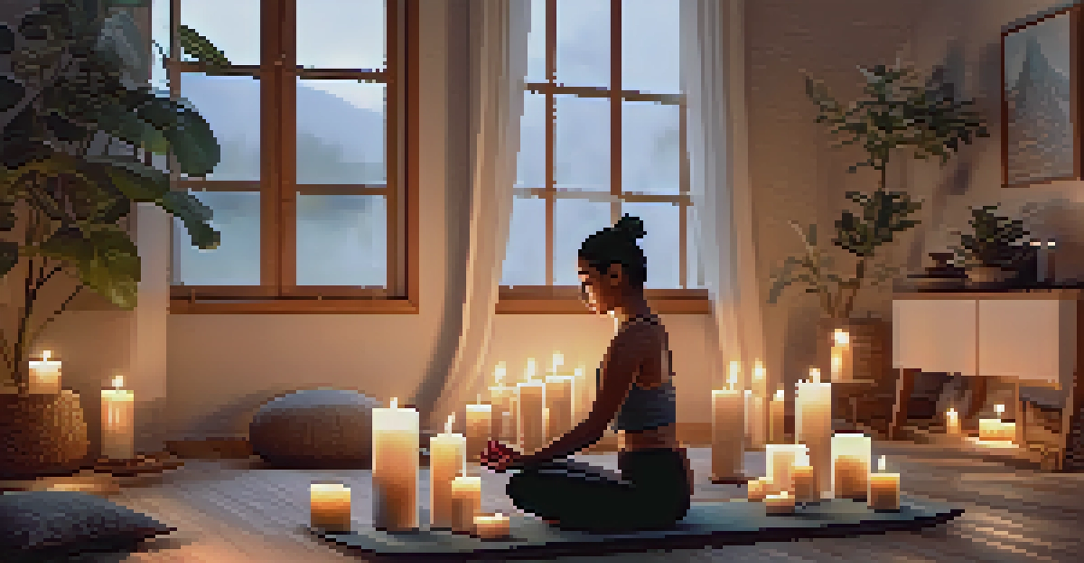 A person in Child's Pose surrounded by candles and soft lighting, creating a relaxing atmosphere for Yin yoga.