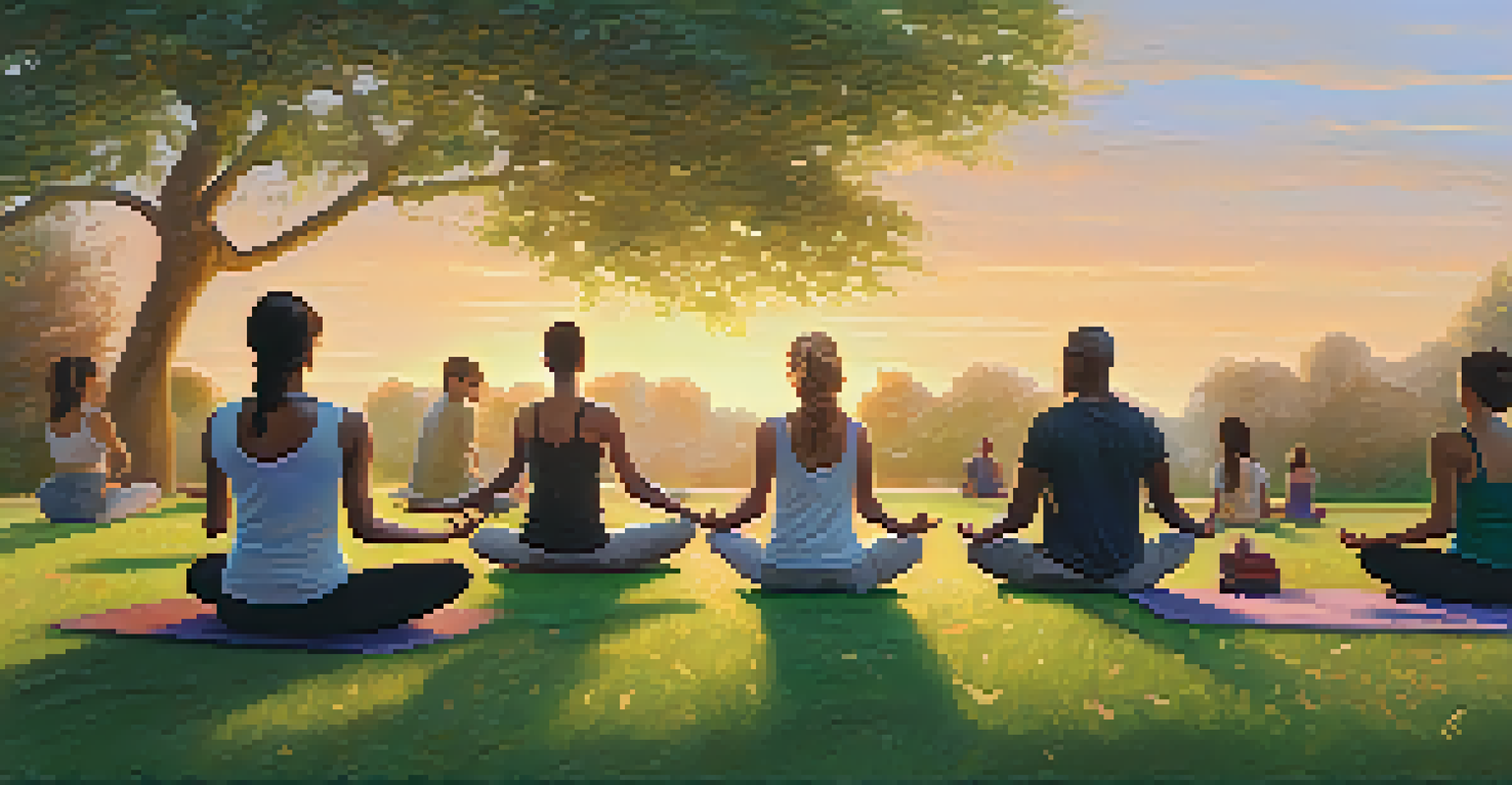 A group of individuals practicing yoga outdoors at sunrise in a park, surrounded by nature's beauty.