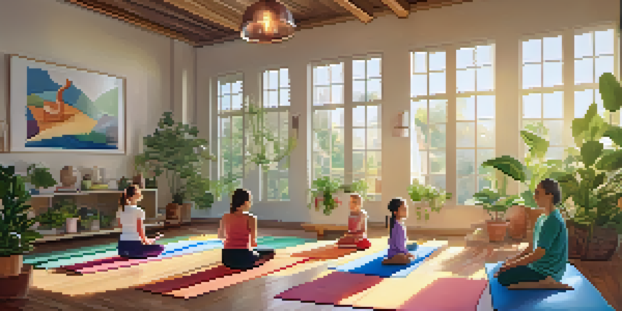 A family practicing yoga together in a bright living room with sunlight and plants.