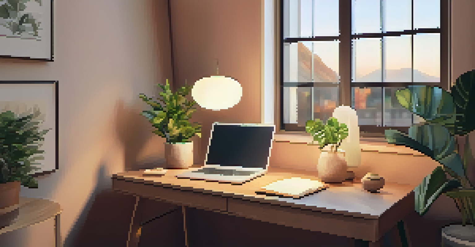 A cozy home workspace with a desk, plant, and meditation cushion, designed for mindfulness and tranquility.
