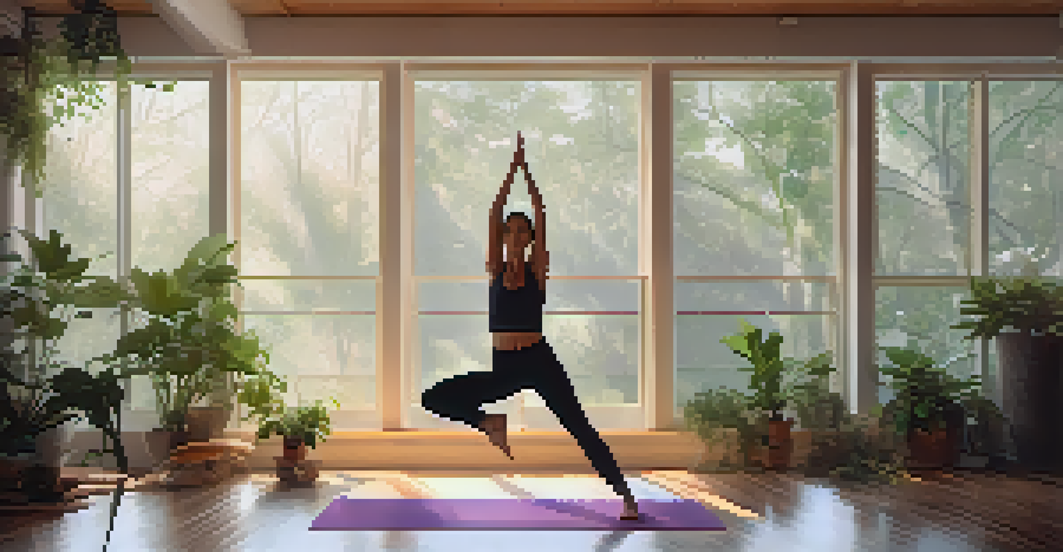A person in Tree Pose in a yoga studio with natural light, plants, and yoga mats.