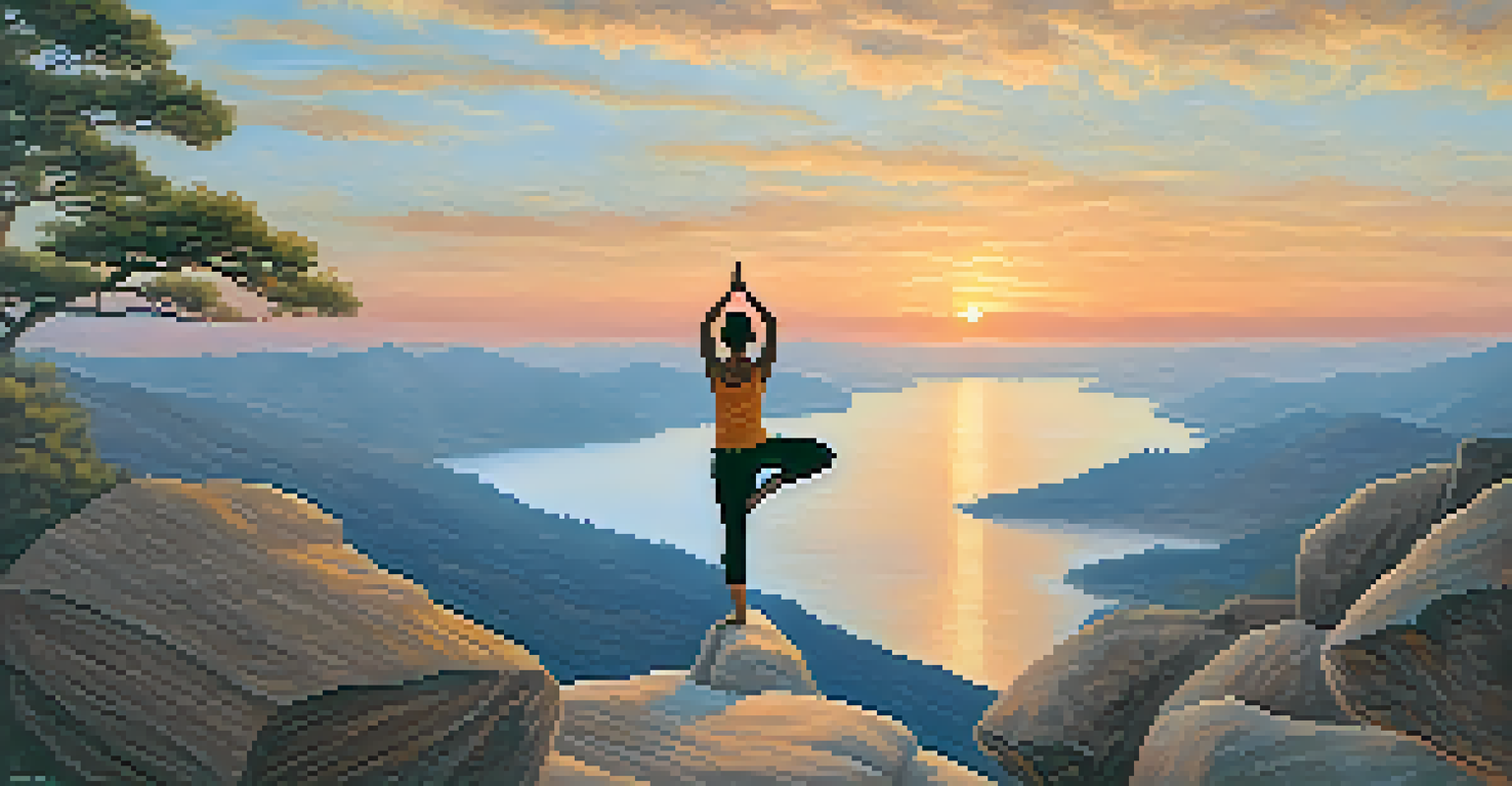 A person practicing yoga on a cliff at sunrise, with a beautiful landscape in the background, representing tranquility and connection with nature.