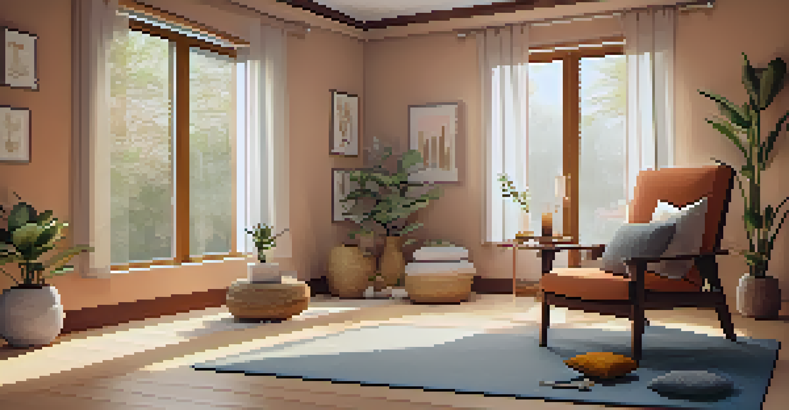 A comfortable yoga corner for seniors with a chair, cushions, and yoga props, illuminated by soft lighting.
