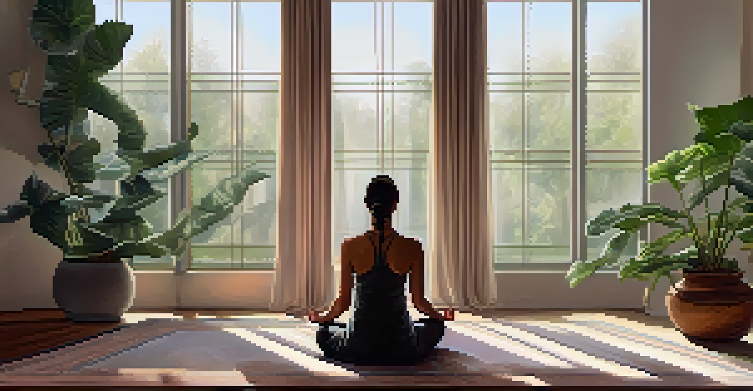 A peaceful meditation room with a person in lotus position, surrounded by plants and candles, with natural light streaming in.