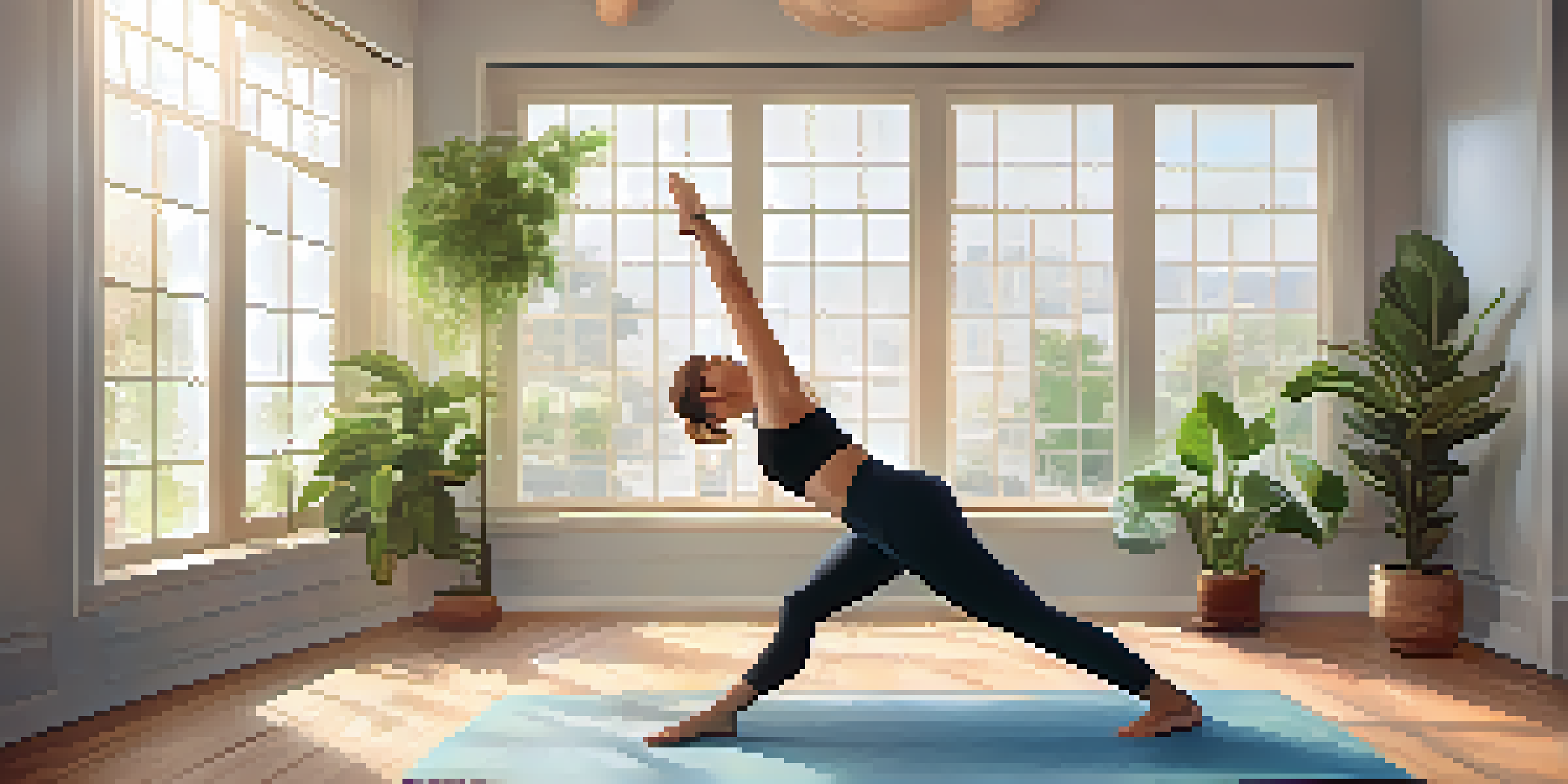 A peaceful yoga studio with a person practicing downward facing dog pose on a yoga mat, surrounded by natural light and indoor plants.