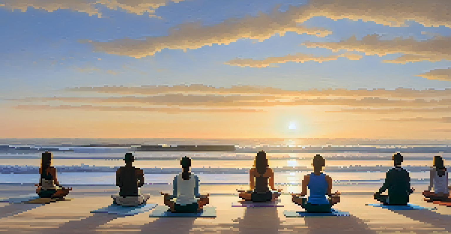A group of individuals meditating on a beach at sunrise, with soft waves in the background and the warm glow of the sun illuminating their practice.