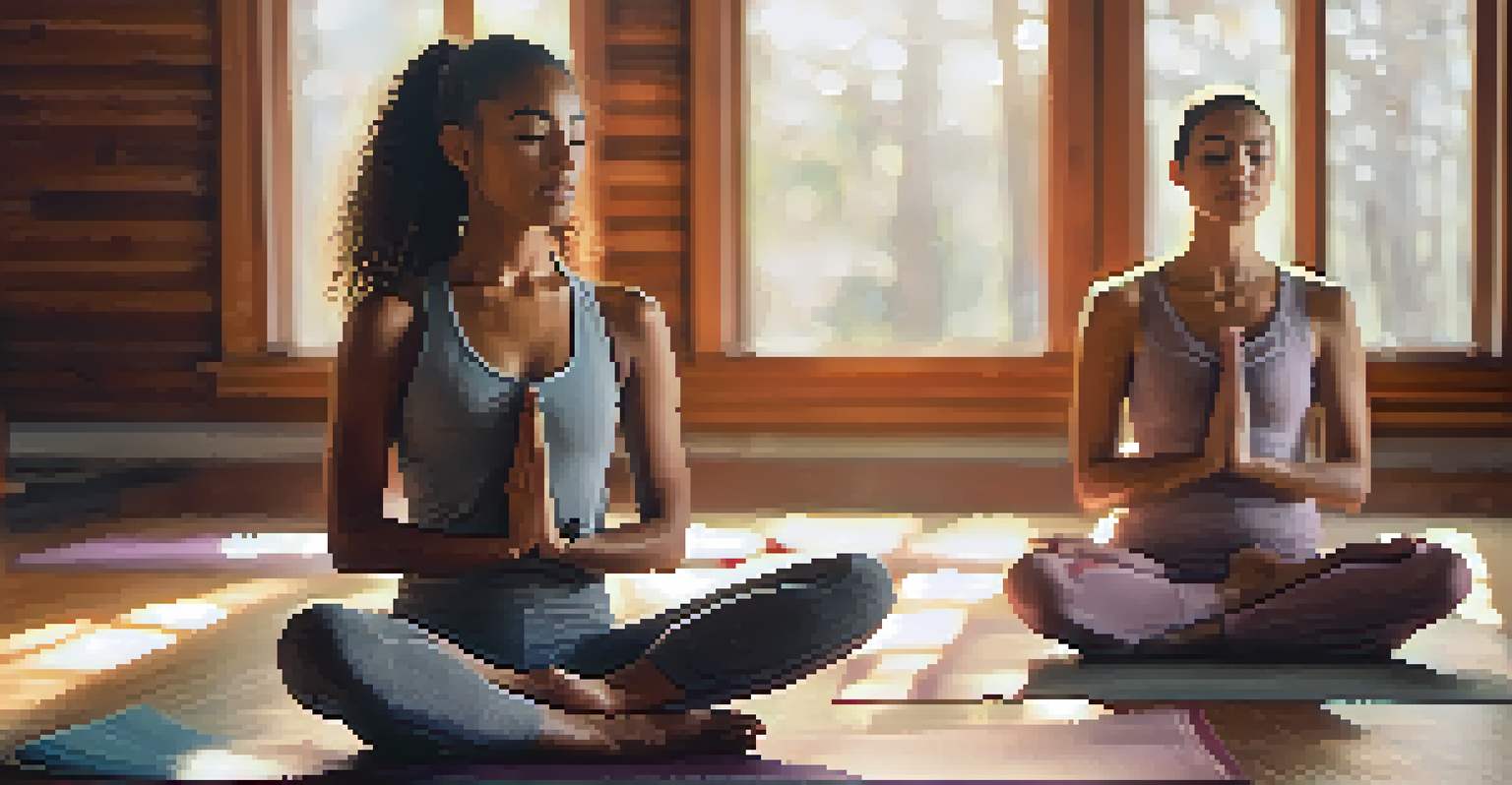 Two individuals in a yoga class focusing on their breath with calm expressions, surrounded by a warm, inviting atmosphere.