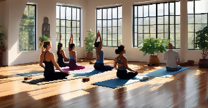 A yoga class in a bright studio, featuring people practicing Mountain Pose on a wooden floor, surrounded by plants and cushions.