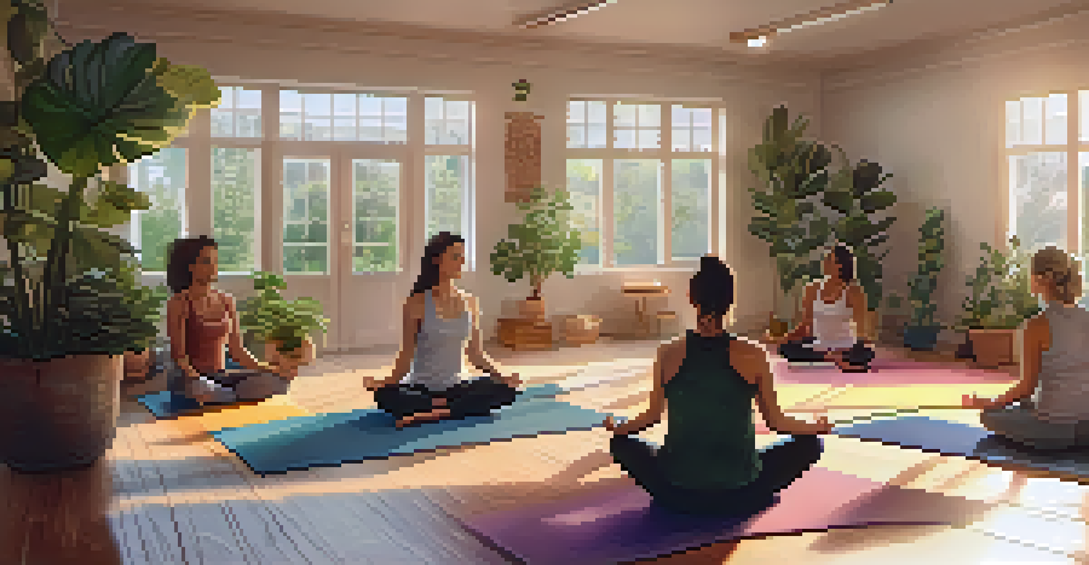 Participants in a yoga studio sharing stories in a warm and inviting setting.