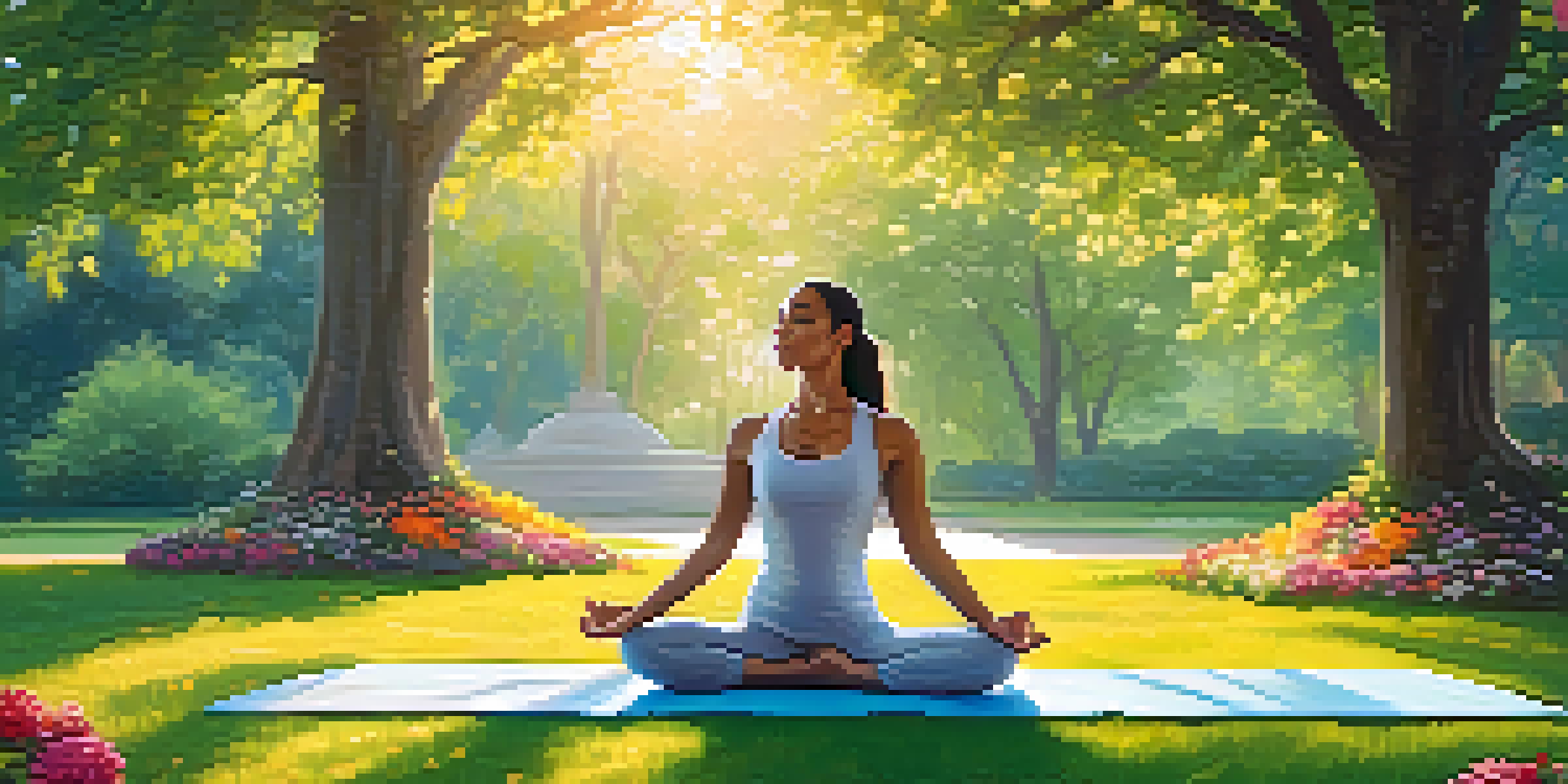 A woman practicing yoga outdoors in a green park during sunrise, surrounded by flowers and trees.