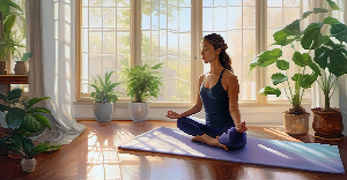 A person practicing yoga in a peaceful indoor setting, surrounded by plants and essential oil diffusers with soft lighting.
