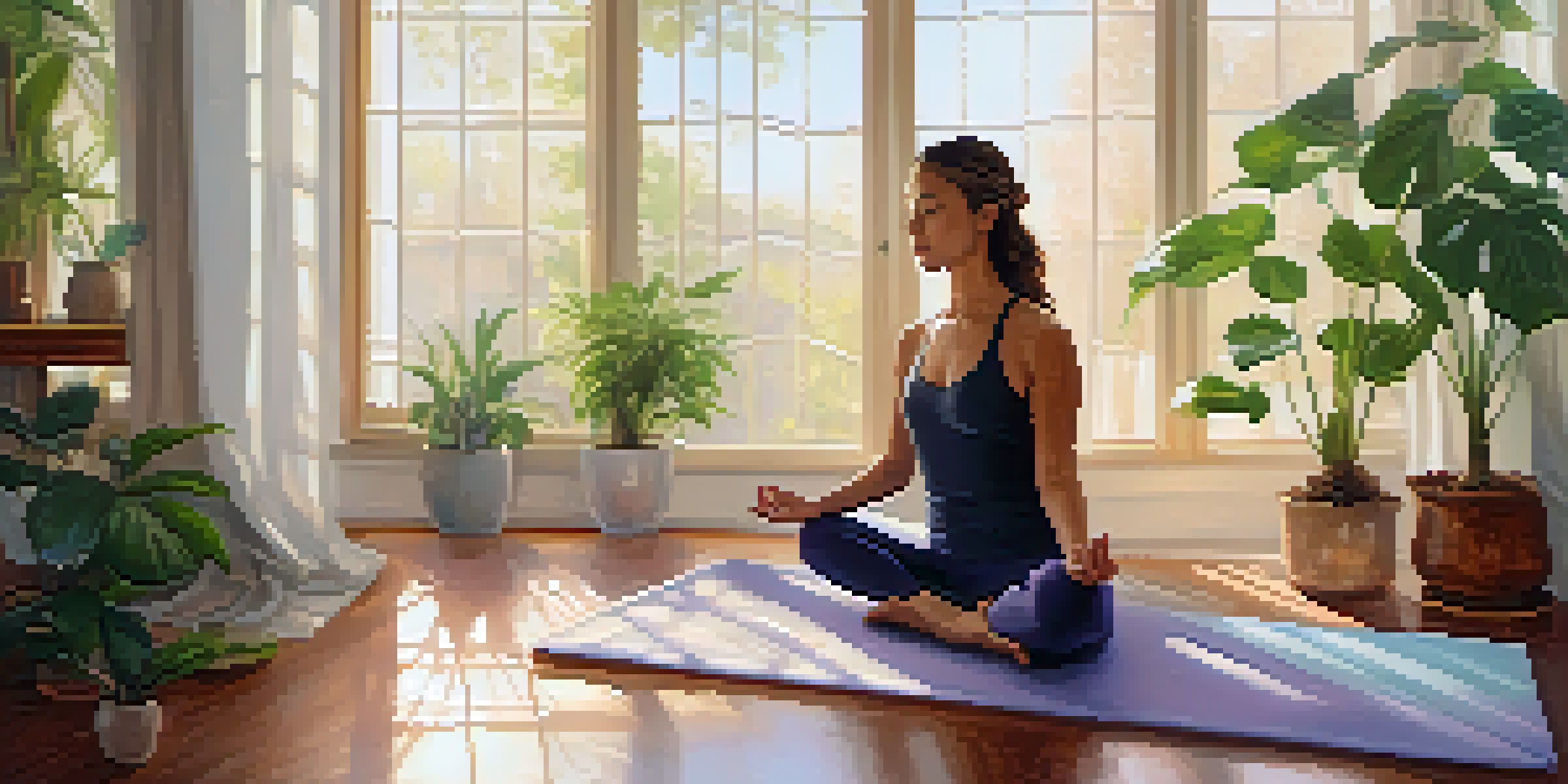A person practicing yoga in a peaceful indoor setting, surrounded by plants and essential oil diffusers with soft lighting.