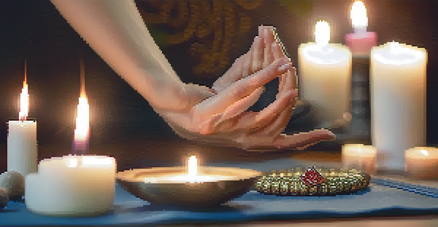 Close-up of hands in a mudra position on a yoga mat with blurred candles and incense in the background.
