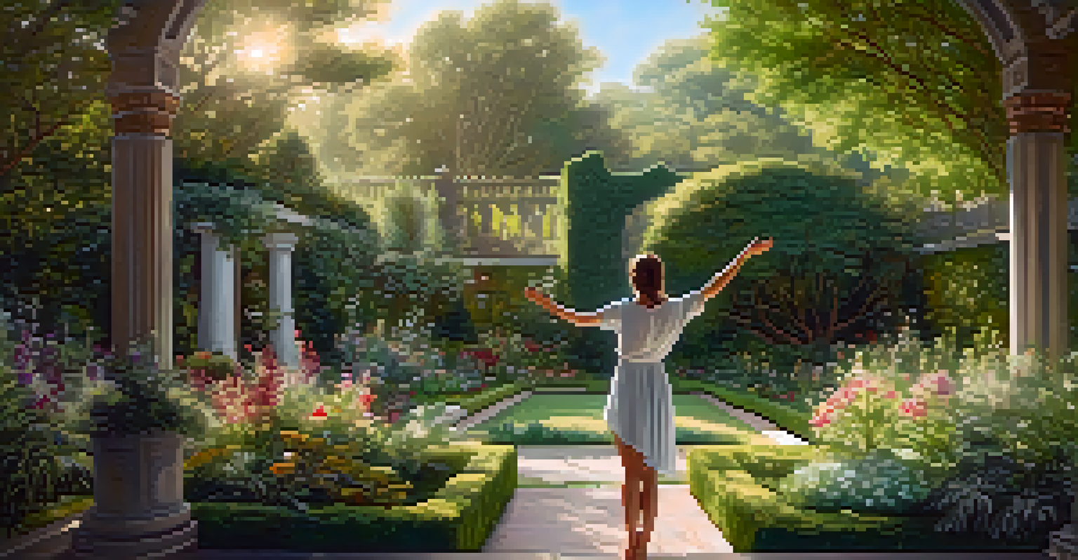 A person in Half Moon Pose in a colorful garden full of flowers and greenery.