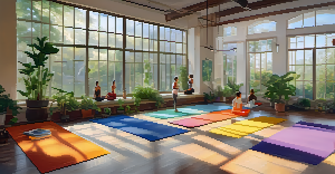 A yoga studio with students practicing diverse yoga poses, surrounded by plants and calming artwork, illuminated by natural light.