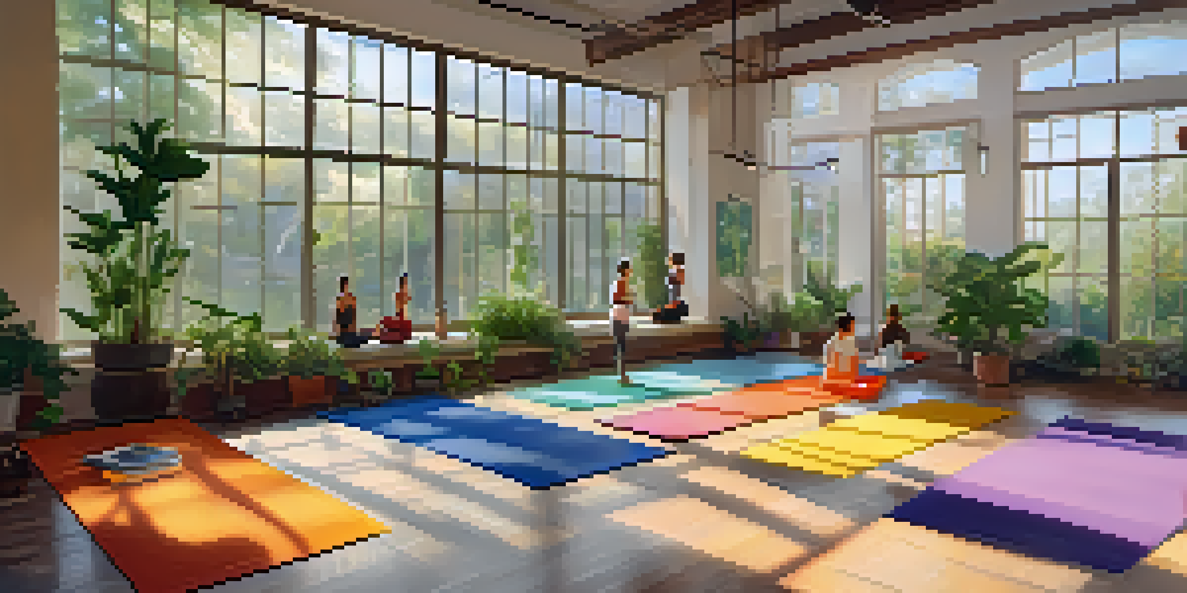 A yoga studio with students practicing diverse yoga poses, surrounded by plants and calming artwork, illuminated by natural light.