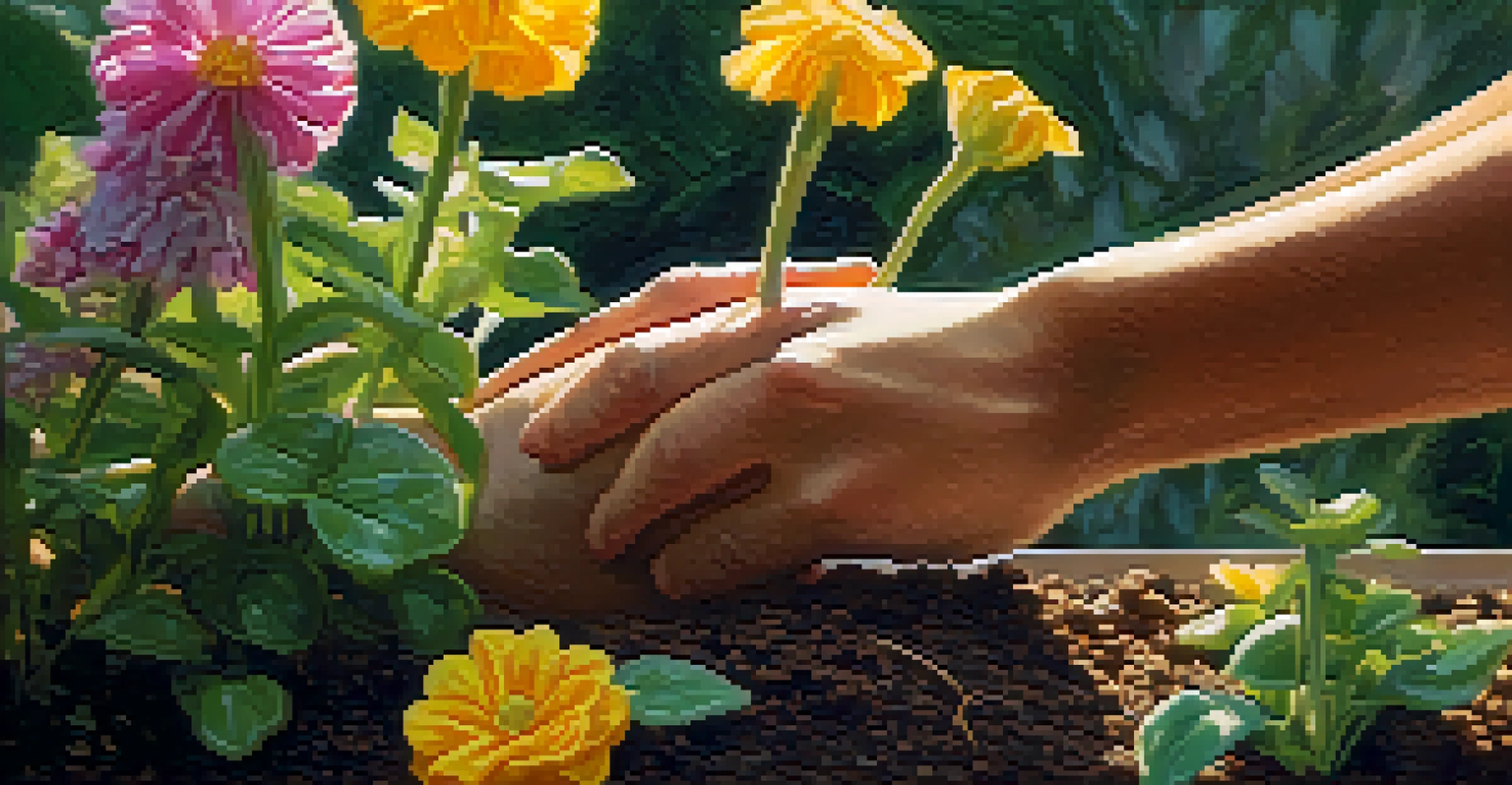 Close-up of hands nurturing a small garden filled with colorful flowers, bathed in warm sunlight.
