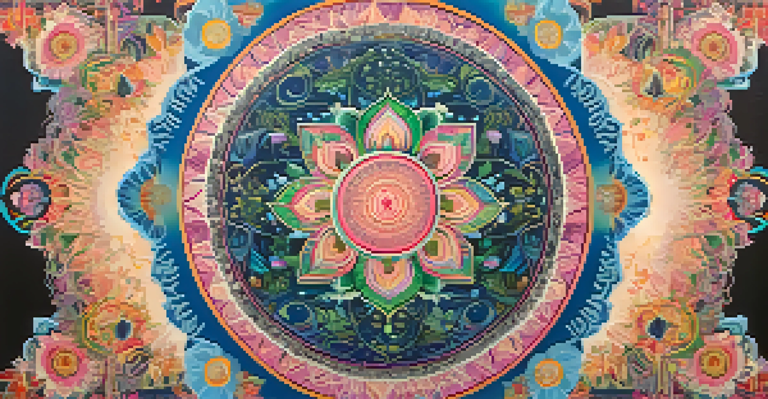 A colorful mandala representing the Eight Limbs of Yoga, with symbols and natural elements in a gradient background.
