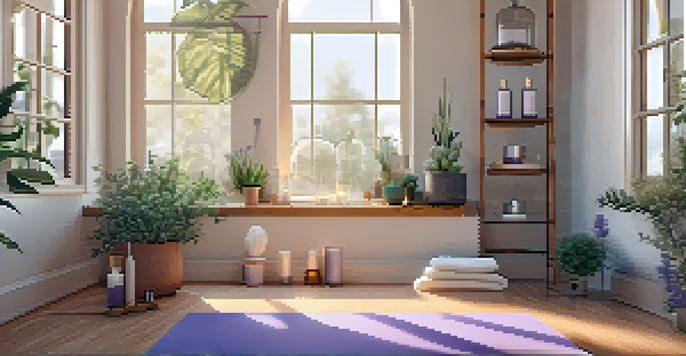 A calm yoga studio with a yoga mat, essential oil bottles, and a diffuser releasing mist, surrounded by plants.