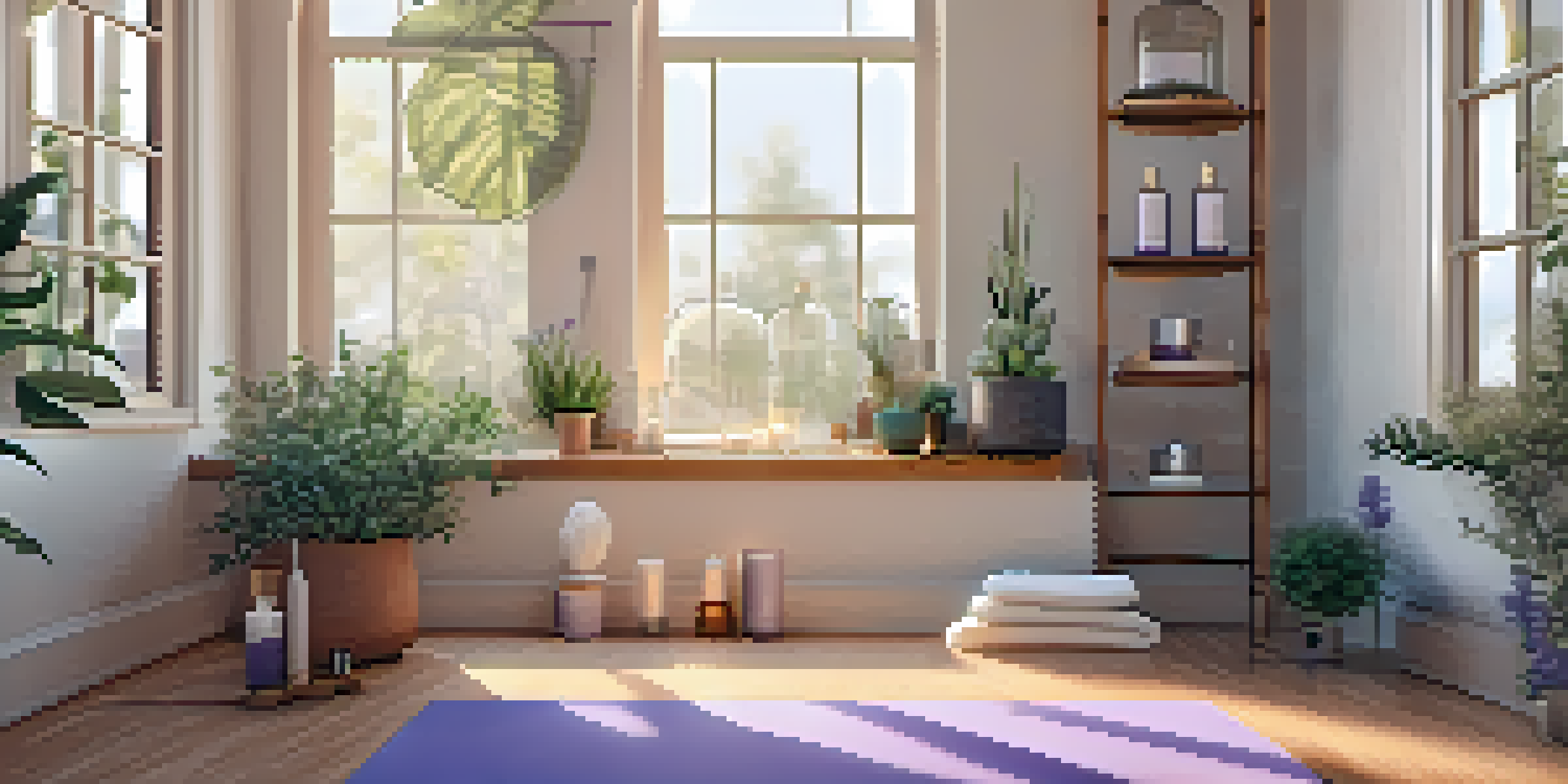 A calm yoga studio with a yoga mat, essential oil bottles, and a diffuser releasing mist, surrounded by plants.