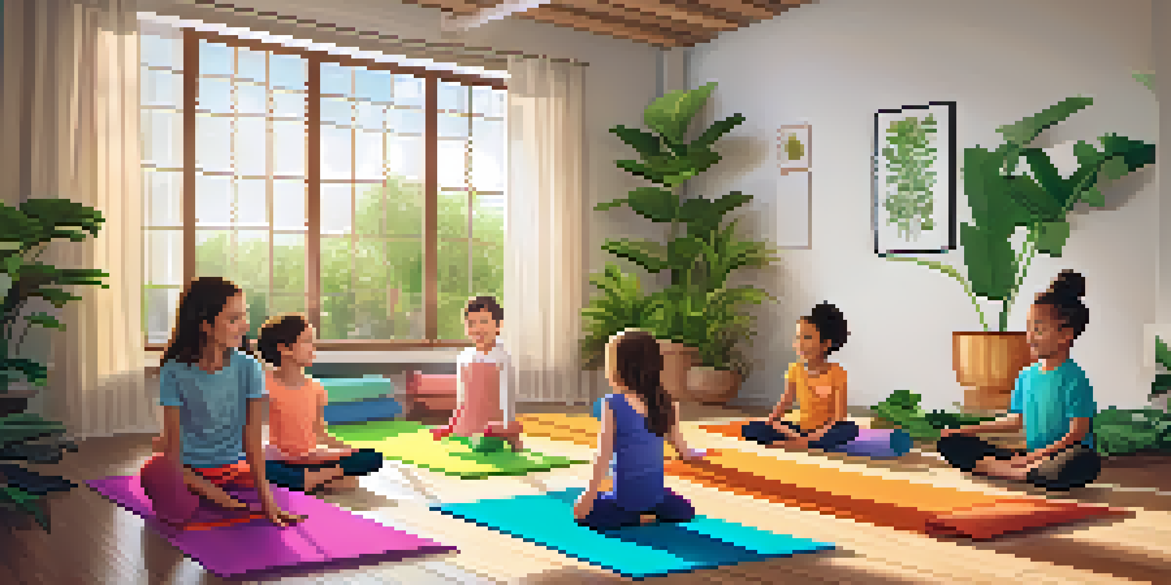 A family practicing yoga together in a bright living room with colorful mats and plants, showcasing laughter and playful poses.