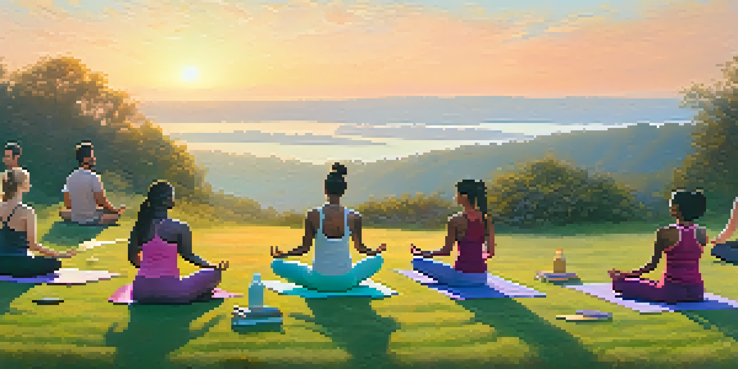 A peaceful outdoor yoga scene at sunrise with diverse individuals practicing yoga poses on a grassy hillside.