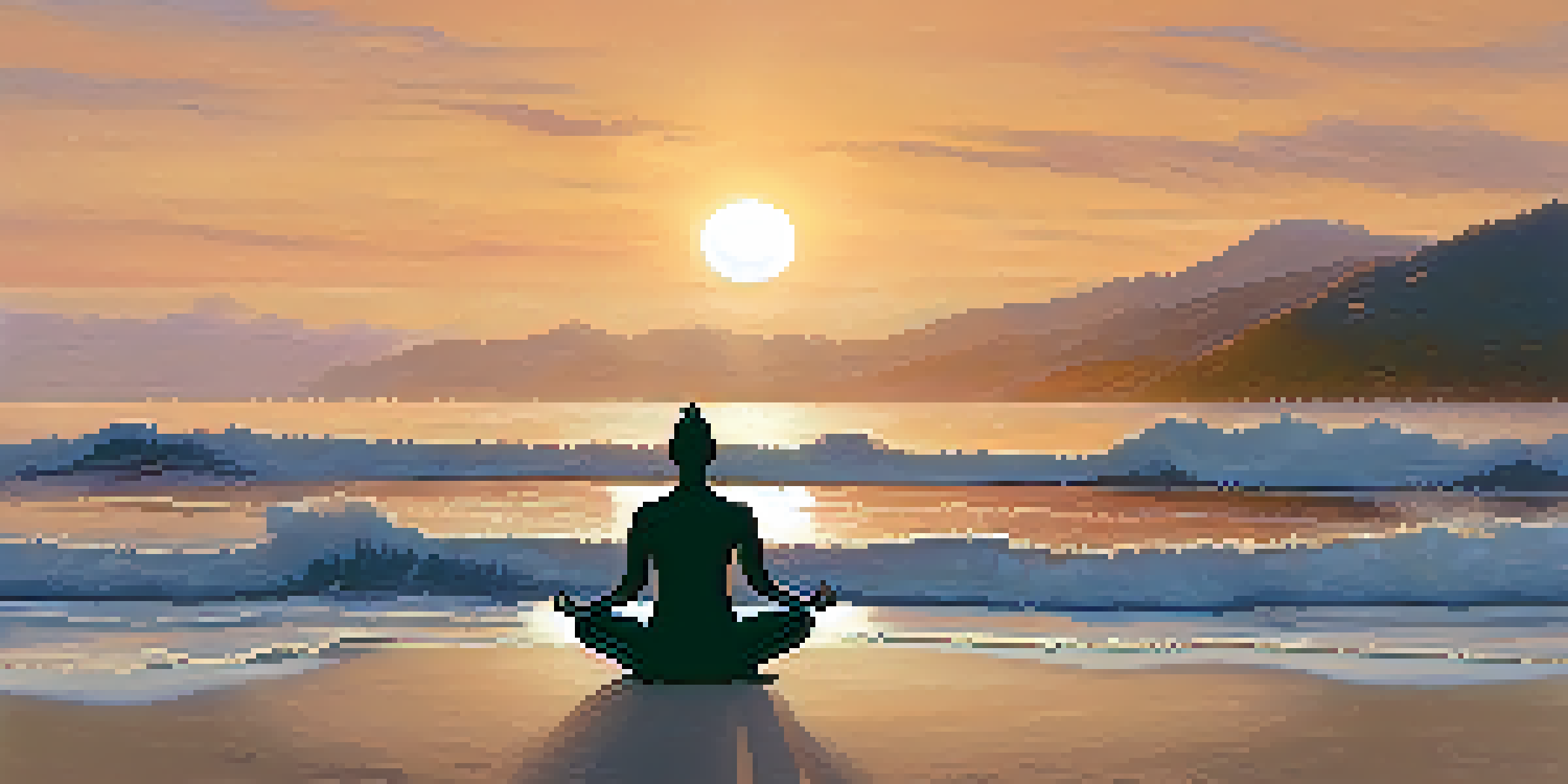 A person practicing yoga at sunrise on a beach, silhouetted against the warm colors of the rising sun and gentle waves.