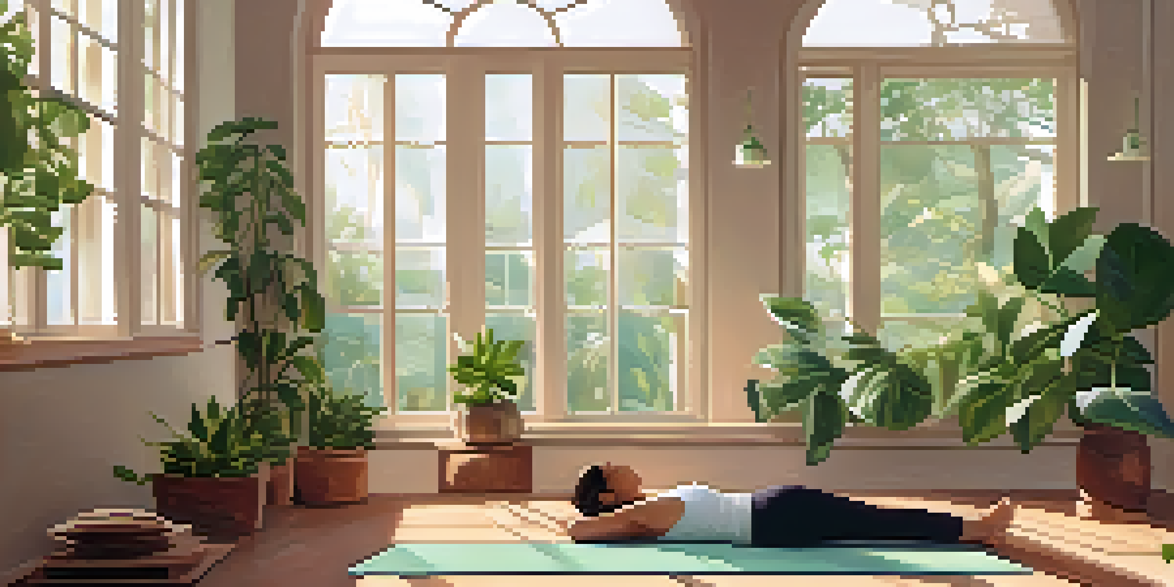 A peaceful yoga studio with a person lying on a yoga mat, surrounded by plants and soft light, practicing Yoga Nidra.