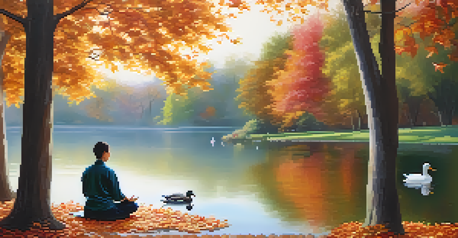 A person meditating on a yoga mat beside a calm lake in a park, with autumn leaves and ducks enhancing the serene atmosphere.
