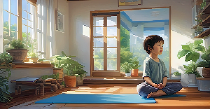 A child practicing yoga in a calm room, surrounded by plants and soft sunlight.