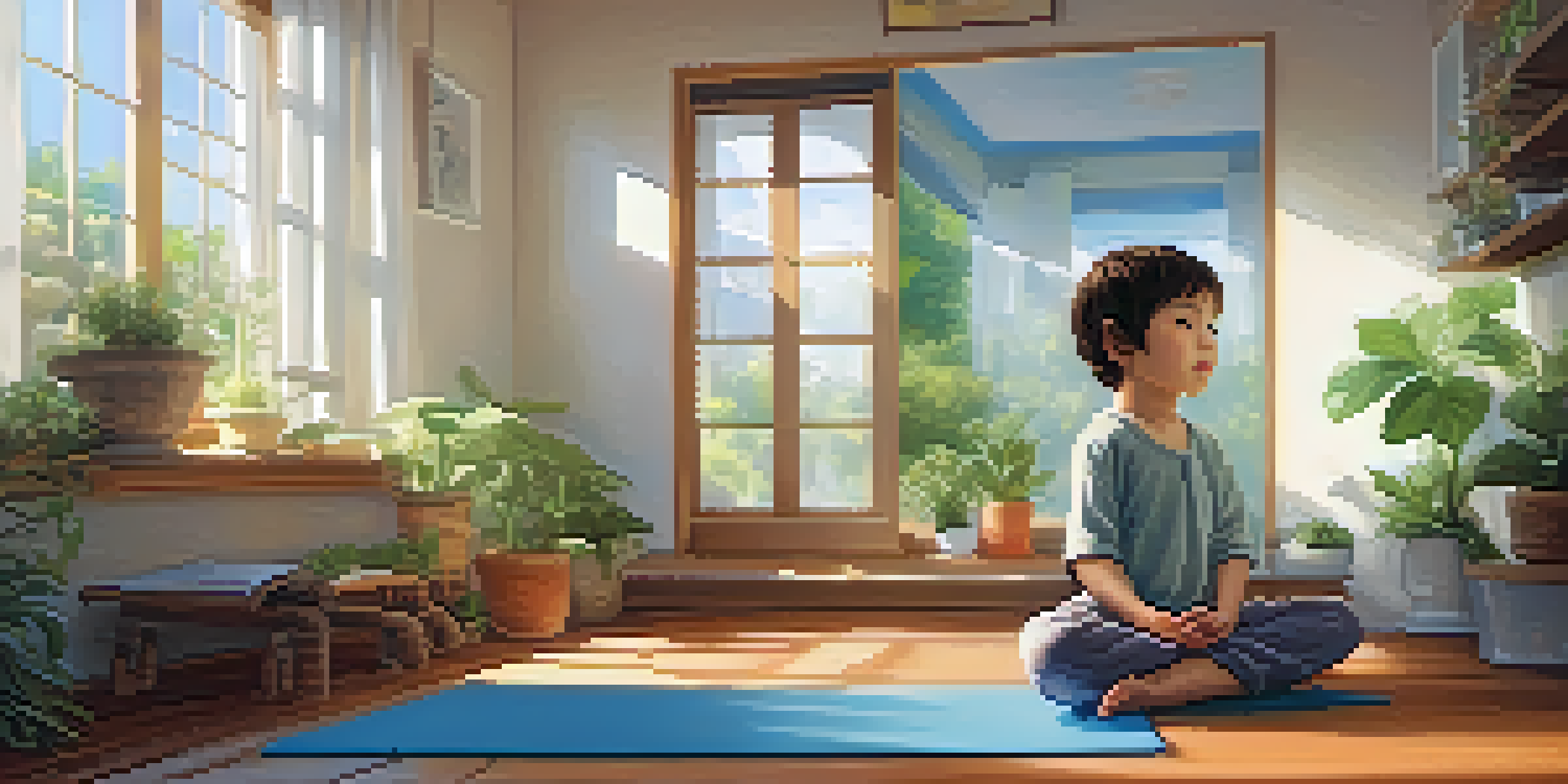 A child practicing yoga in a calm room, surrounded by plants and soft sunlight.
