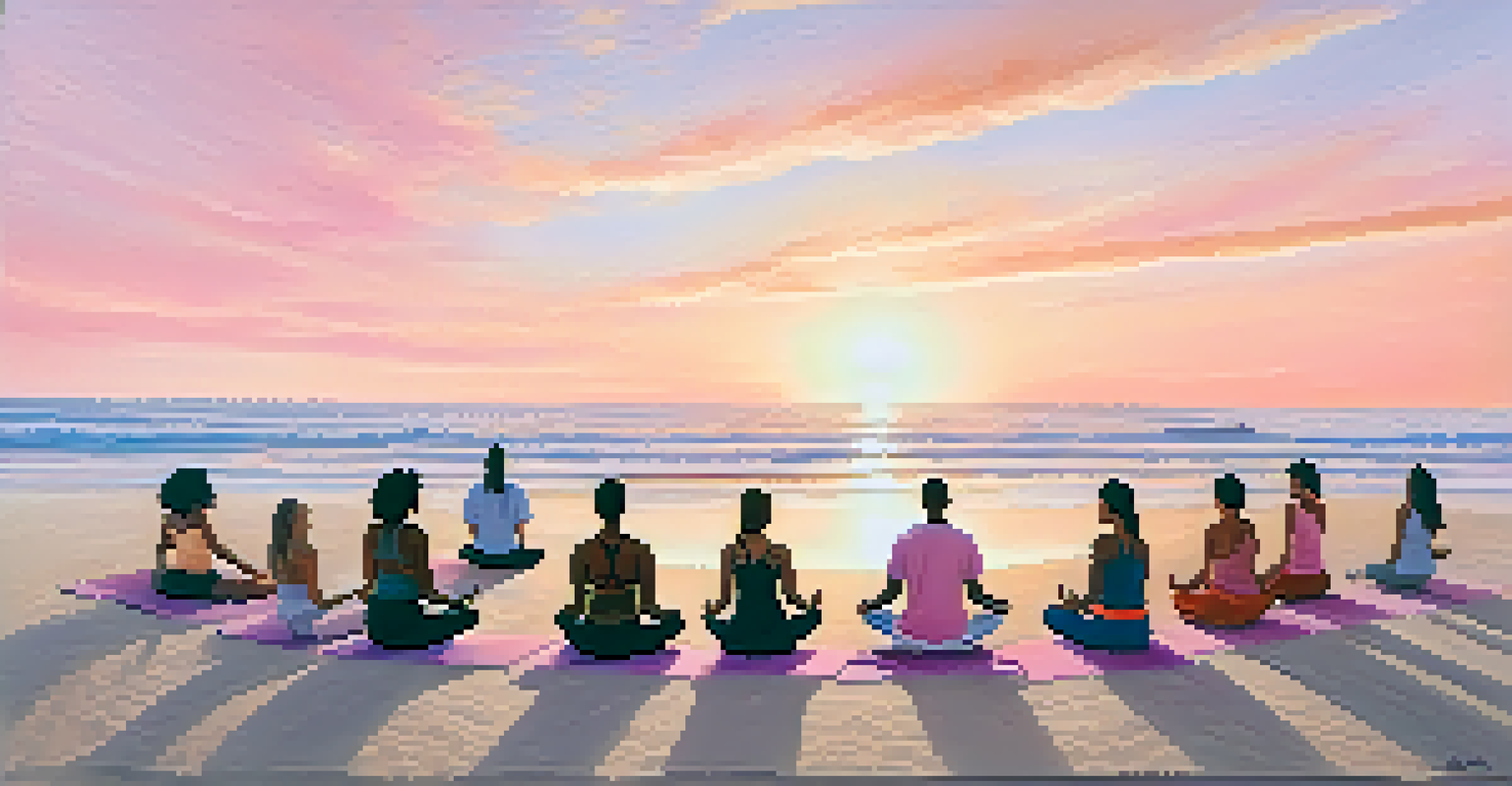 A group of people practicing yoga on the beach at sunrise, with a colorful sky and calm waves in the background.