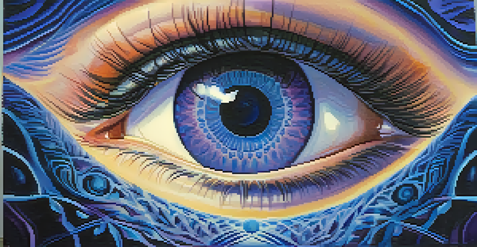 A vibrant indigo eye representing the Third Eye Chakra, surrounded by swirling energy patterns.