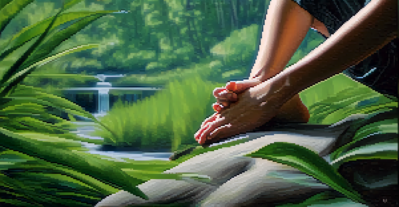 Close-up of hands in a meditative position, surrounded by nature, conveying a sense of calm and mindfulness.