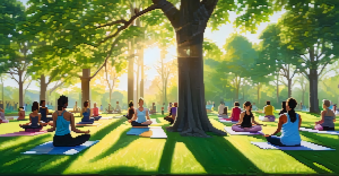 A group of diverse individuals practicing yoga in a sunny park, surrounded by greenery and trees.
